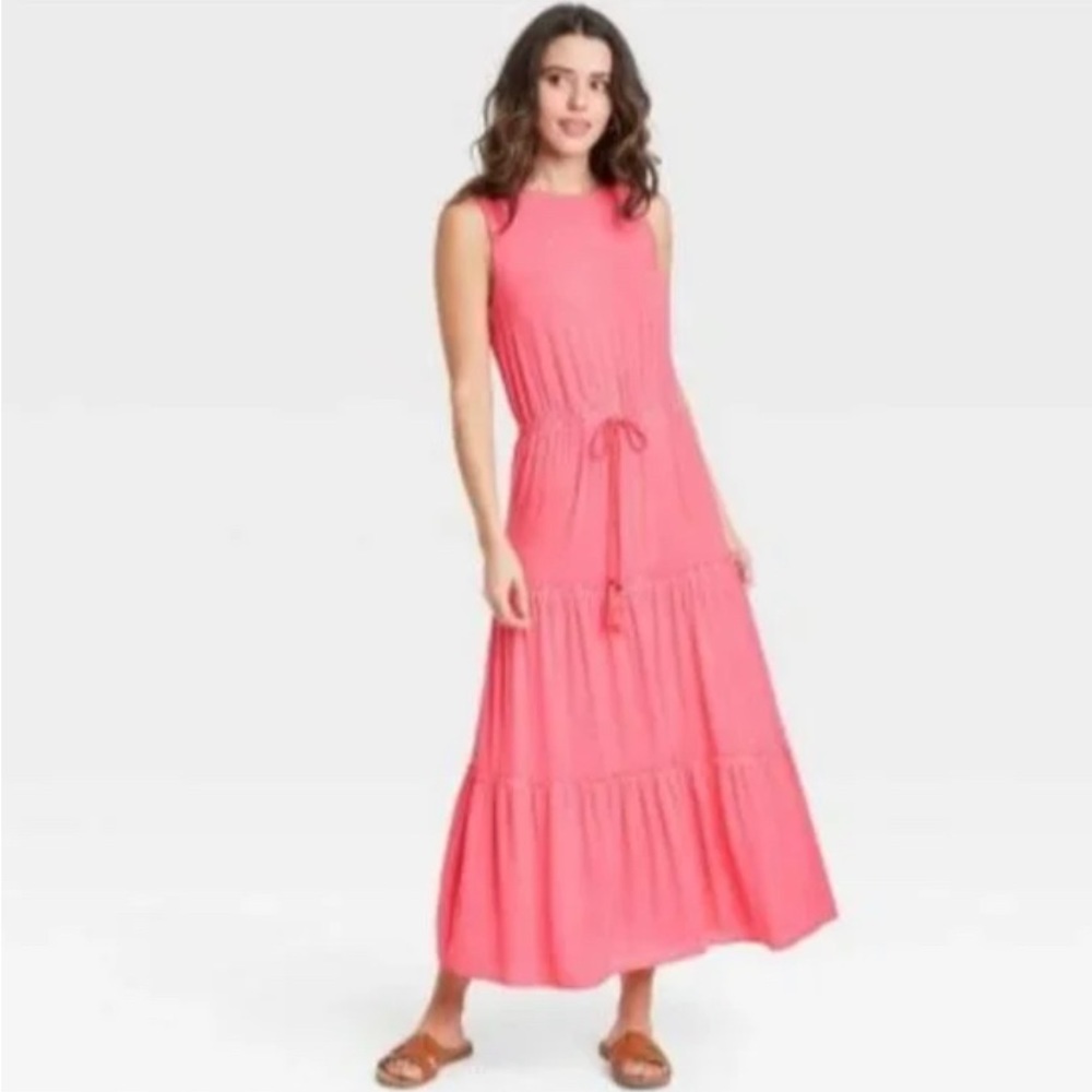 Knox Rose Maxi Dress Women’s Medium Pink Tiered Tie Front Tank Dress.